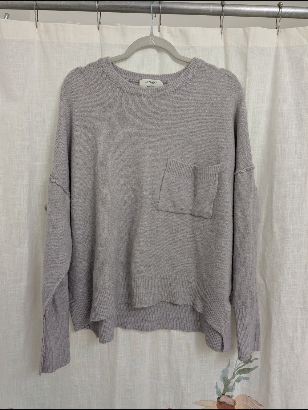 Zenana Oversized Lavender Gray Knit Sweater Large Soft Pocket Pullover
